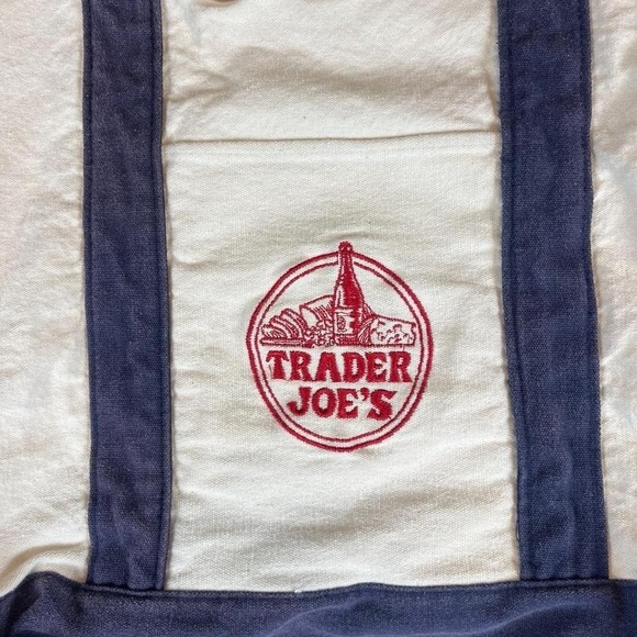 Trader Joes Canvas Tote Bag Navy Blue Cream Red Embroidered Logo Reusable Market - Picture 2 of 6